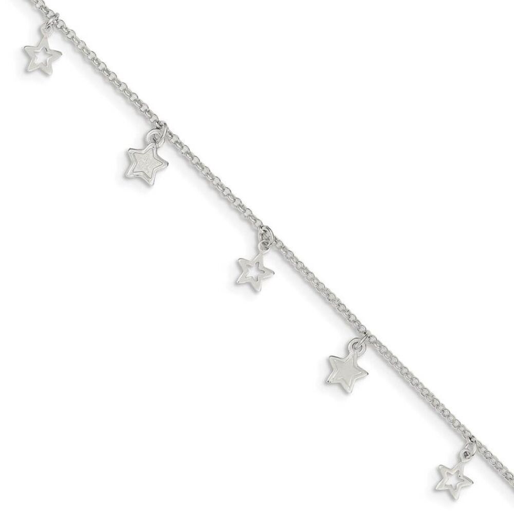 Sterling Silver 1.5mm Cable and Dangling Stars Anklet, 9-10 Inch